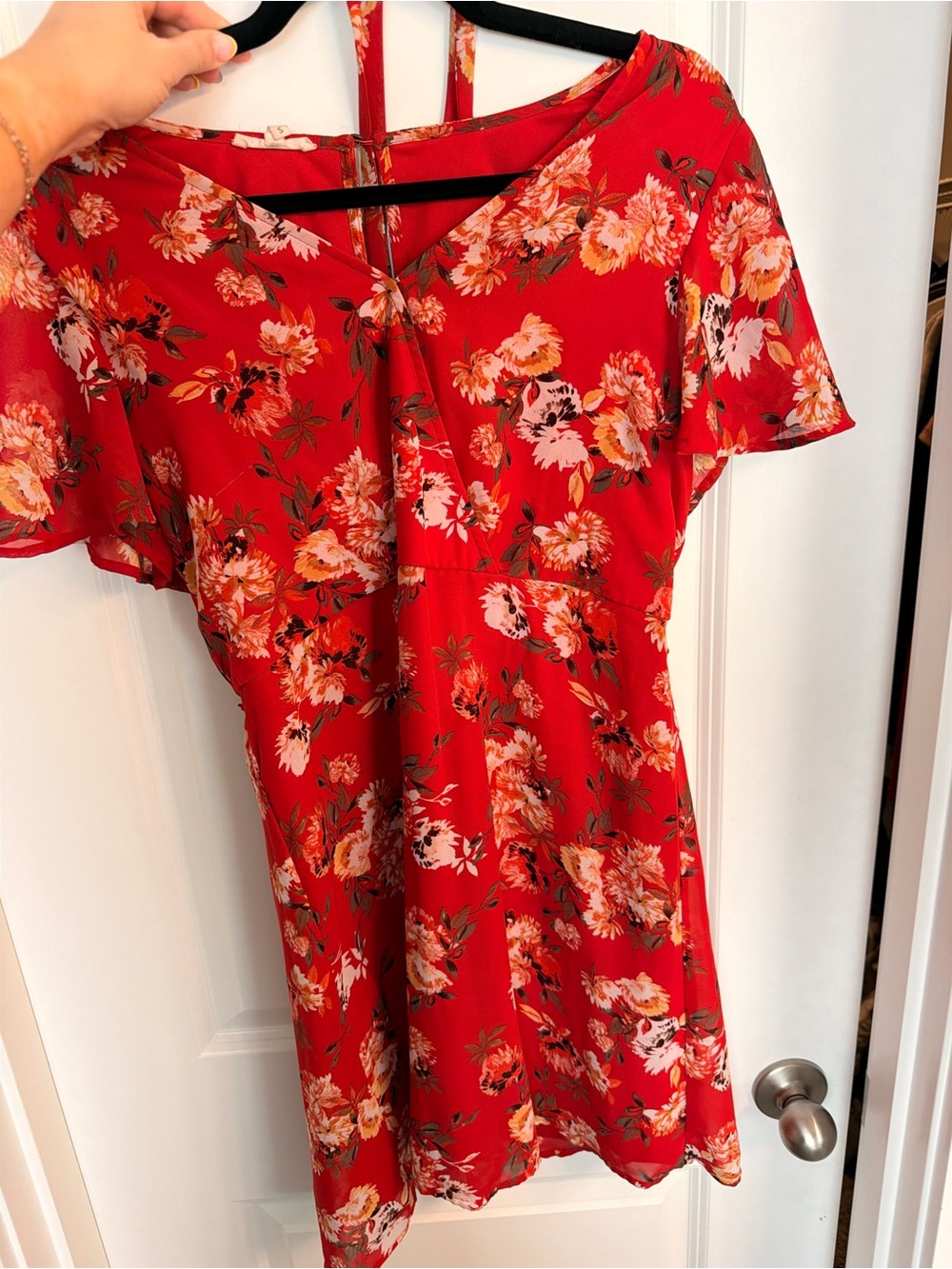 Maurices Red Floral Mini Dress with Flutter Sleeves
